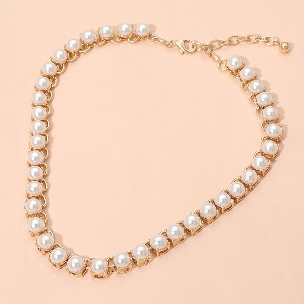 Gold Cream Pearl Tennis Necklace Chain Sexy Cute Fashion Statement Jewelry
